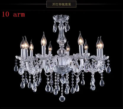 DecorBites crystal chandelier with ten clear glass arms and dangling teardrop crystals for modern indoor decor