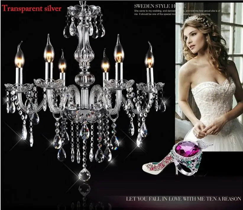 Transparent silver decorbites crystal chandelier with crystal droplets and candle-style LED bulbs for modern indoor decor