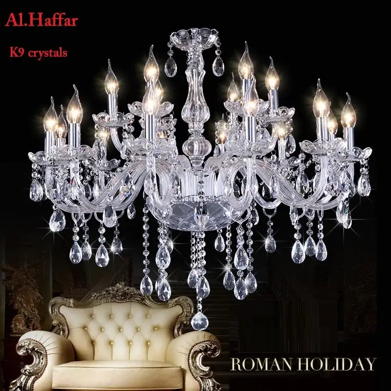 Decorbites crystal chandelier with k9 crystals and silver-toned metal arms featuring teardrop pendants for modern decor