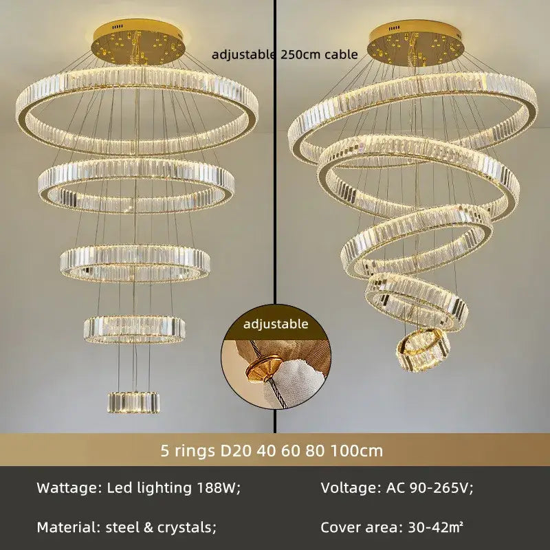 Gold-finished decorbites crystal chandelier with spiral design, multiple crystal rings, and adjustable cable for stairs lighting