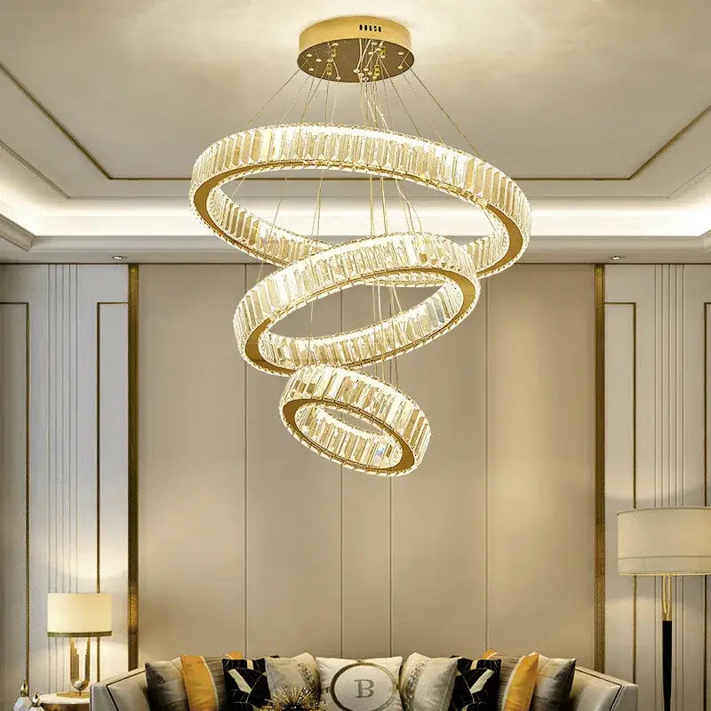 Golden spiral decorbites crystal chandelier with crystal accents led dimmable pendant light for stairs lighting fixture
