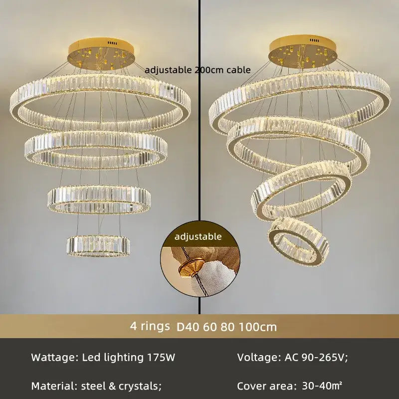 Modern decorbites crystal chandelier with multiple crystal rings and gold-toned ceiling mount for stair lighting