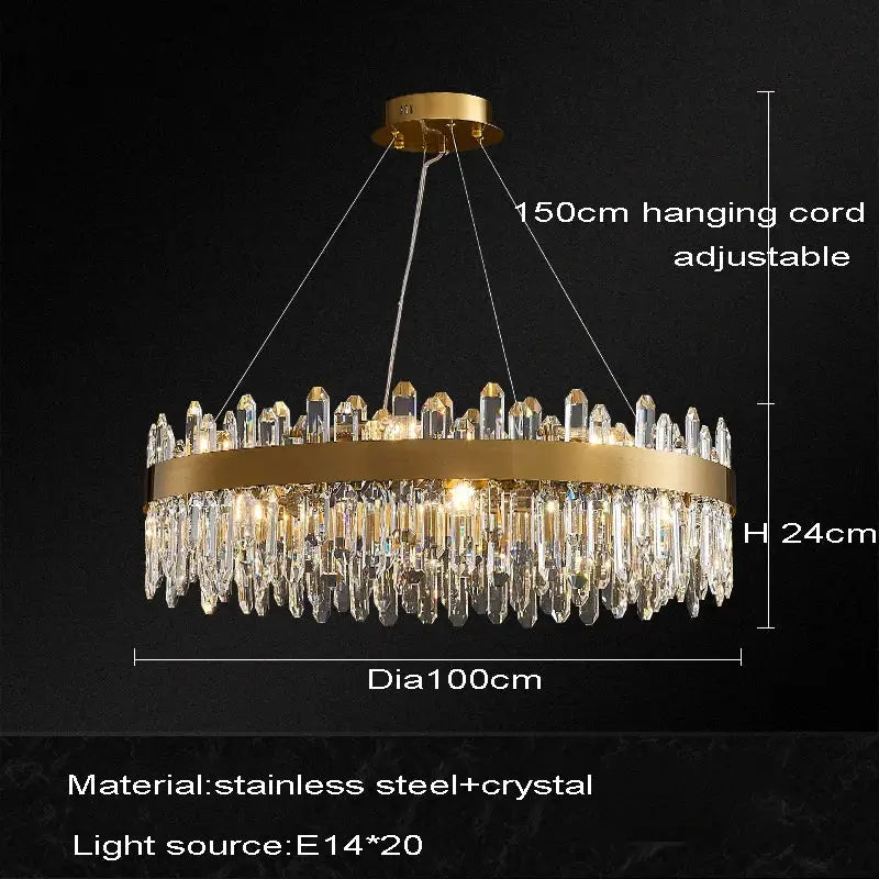 Gold-toned decorbites crystal chandelier led with cascading clear crystal droplets and stainless steel for dining room use