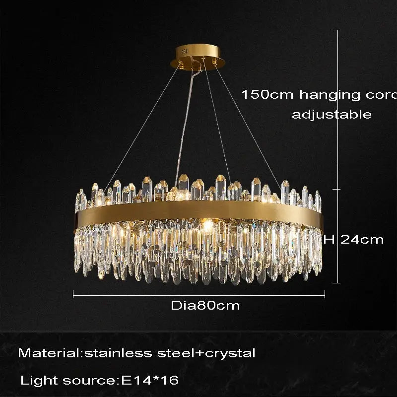 Gold-toned DecorBites™ crystal chandelier led with stainless steel frame and dangling prisms for dining room lighting