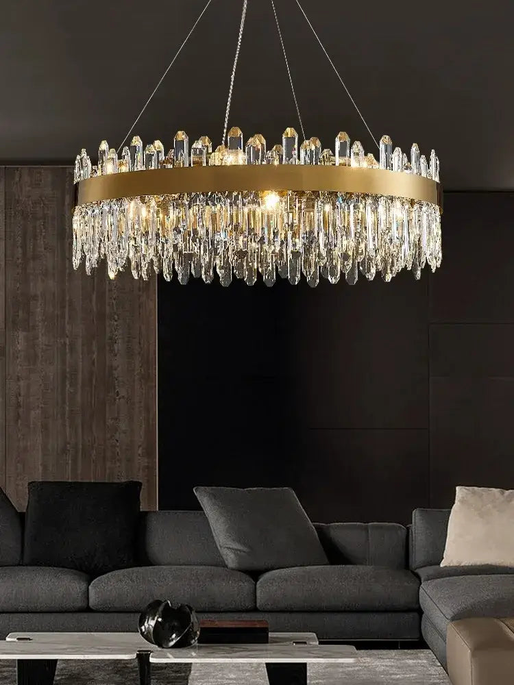 Luxurious gold-toned DecorBites crystal chandelier with cascading clear prisms for dining room LED lighting