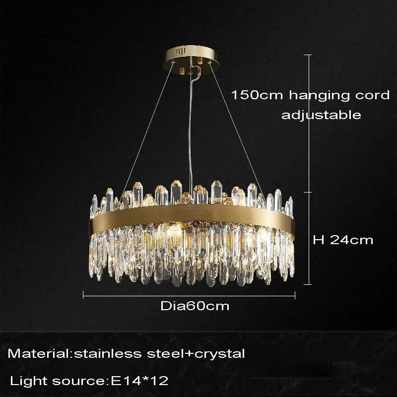 Gold-toned decorbites crystal chandelier led dining room light with circular frame and dangling crystal droplets in stainless steel