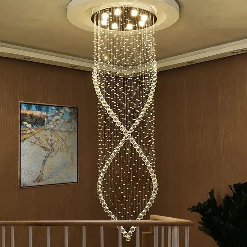 Decorbites crystal chandelier with clear faceted beads and led light fixture for villa hall stairs in elegant spiral design