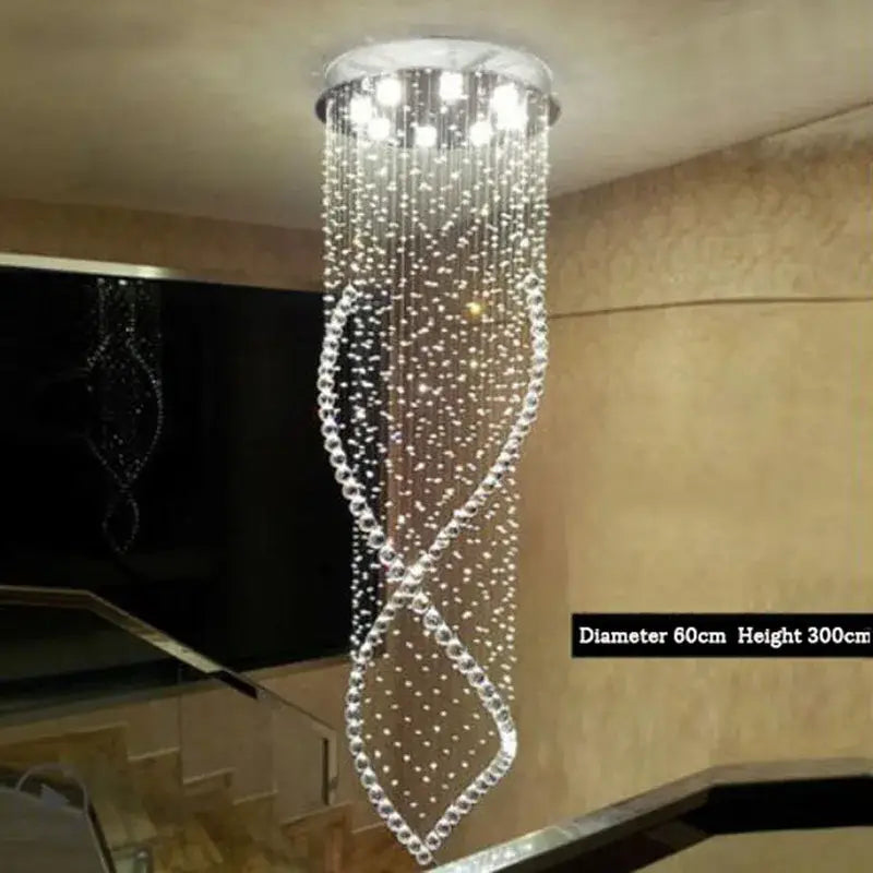 A decorbites crystal chandelier with a sleek twisting design and embedded LED lights for villa hall stairs