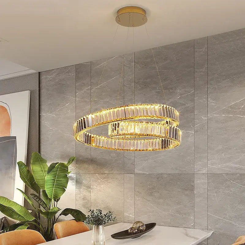 Gold-toned double-ring decorbites crystal chandelier led light fixture with faceted crystal accents for modern home decor
