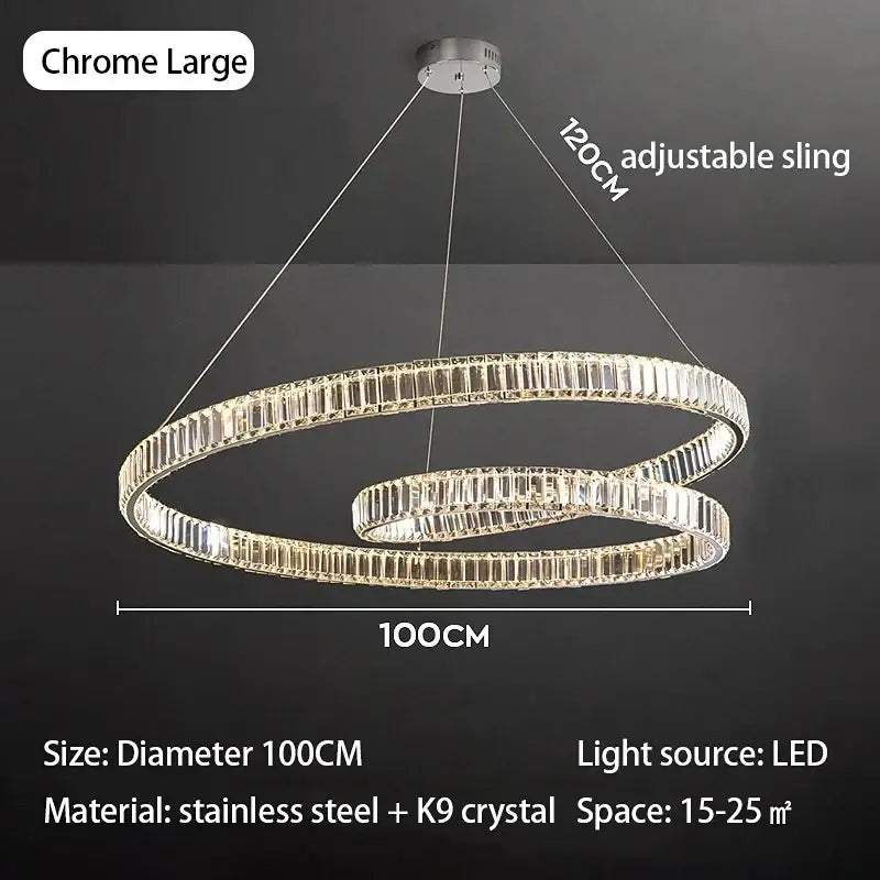 DecorBites chrome finished double-ring crystal chandelier led light fixture with embedded k9 crystal accents
