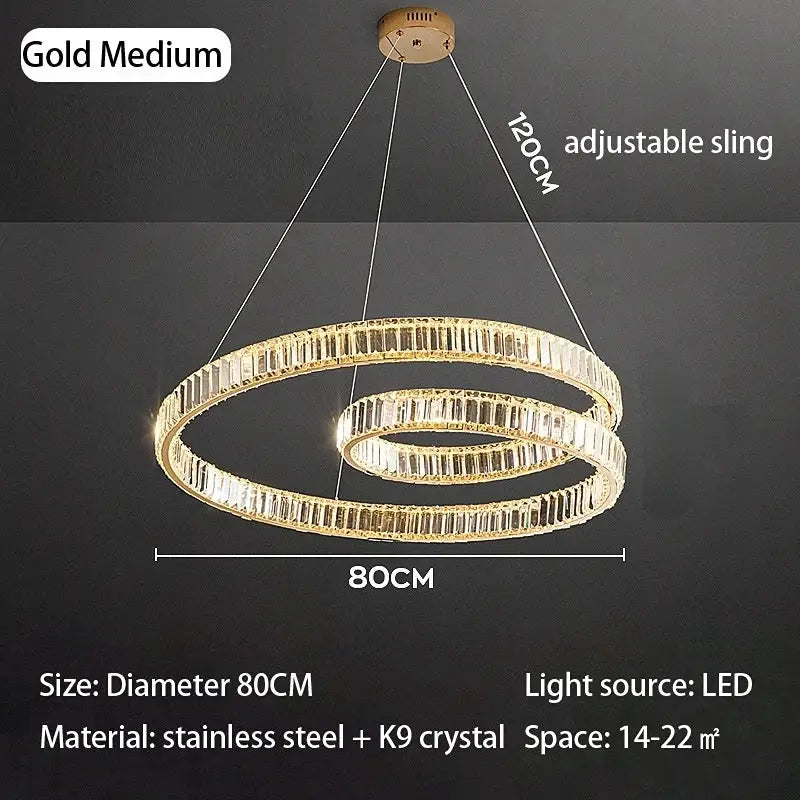 Gold medium double-ring crystal chandelier led with stainless steel and k9 crystal in a modern luxury led light fixture
