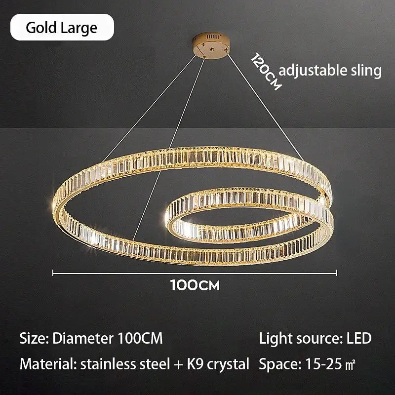 Gold double-ring DecorBites crystal chandelier led light fixture with embedded k9 crystals and stainless steel frame