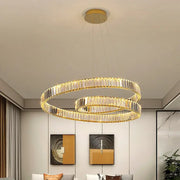 Gold-toned double-ring crystal chandelier led light fixture with faceted crystal accents by DecorBites modern luxury lamp