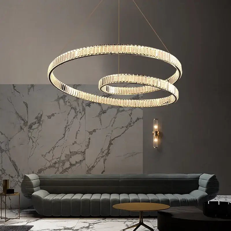DecorBites™ modern luxury double-ring crystal chandelier led light fixture with faceted accents and sleek metallic frame