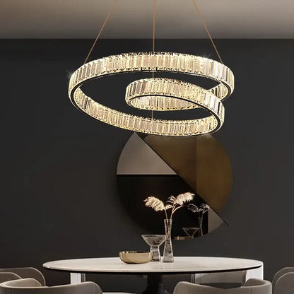 DecorBites™ crystal chandelier led light fixture with faceted crystals and gold-toned double-ring metal frame