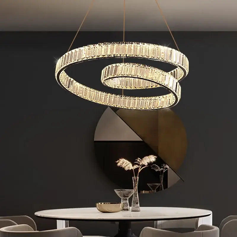 DecorBites™ crystal chandelier led light fixture with faceted crystals and gold-toned double-ring metal frame