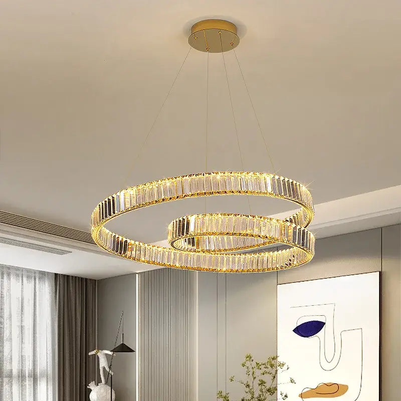 Decorbites™ crystal chandelier led light fixture with gold-toned double-ring design and faceted crystal accents