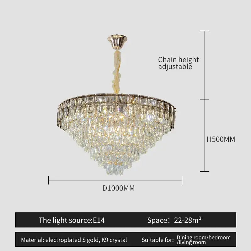 Decorbites crystal chandelier with cascading clear k9 crystals and electroplated gold frame for living room use