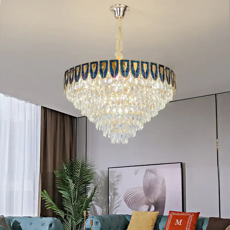 DecorBites crystal chandelier LED light with multi-tiered crystals blue-gold accents silver mount for living room and hotel