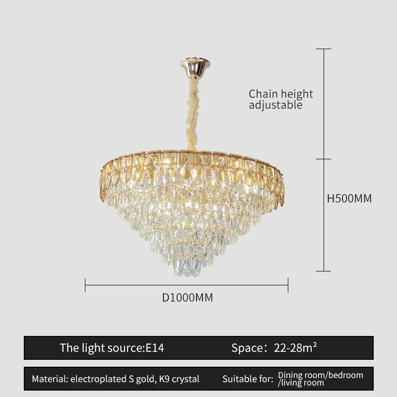 A tiered decorbites crystal chandelier with gold electroplated frame and cascading k9 crystals for living rooms