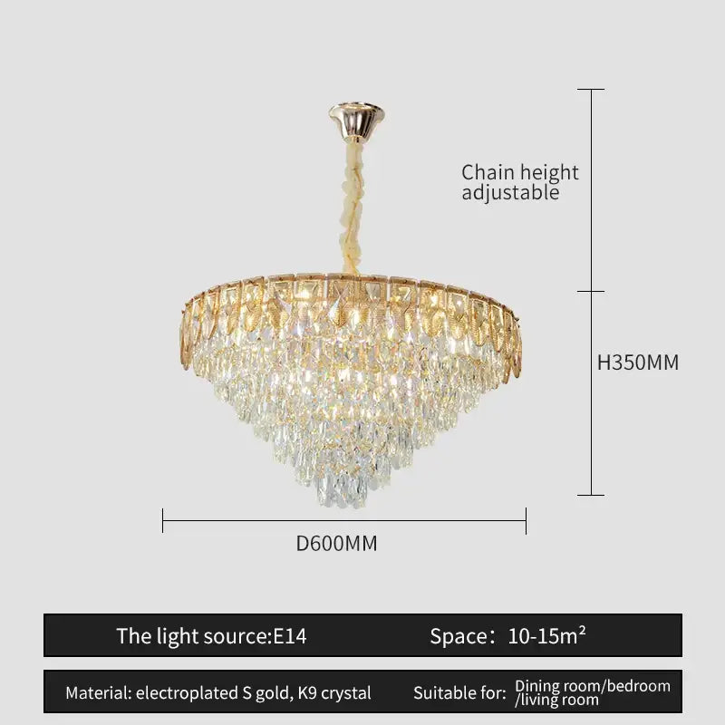 Gold electroplated decorbites crystal chandelier with cascading k9 crystal tiers for modern luxury living rooms and hotels