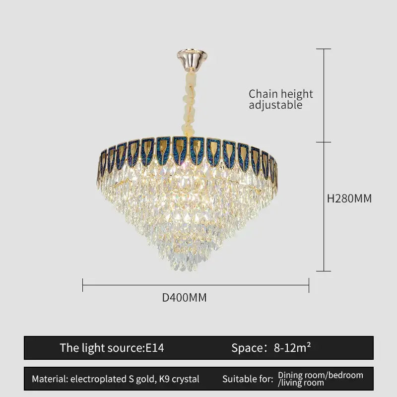 A tiered decorbites crystal chandelier with gold-toned electroplated s frame and blue k9 crystal accents for luxury spaces