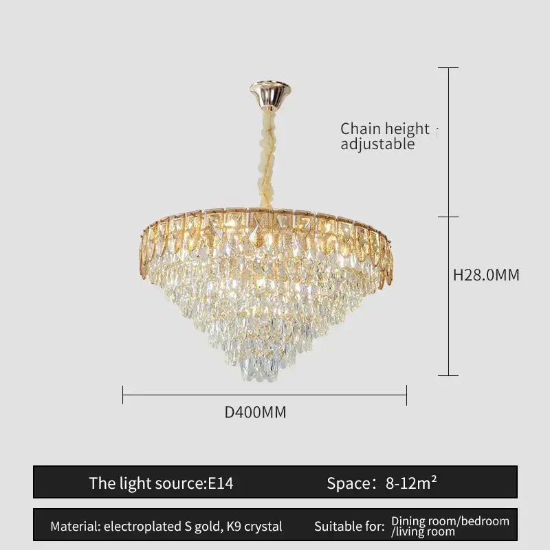 A decorbites crystal chandelier with gold electroplated frame and k9 crystal droplets for elegant living spaces
