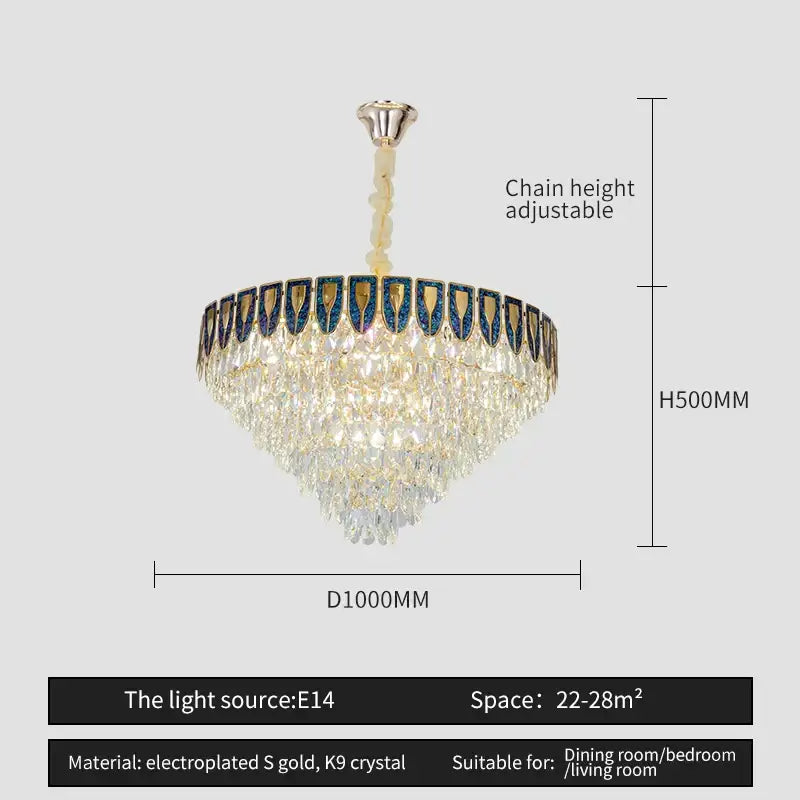 Decorbites crystal chandelier with tiered clear k9 crystals and blue-tinted electroplated gold frame for luxury spaces