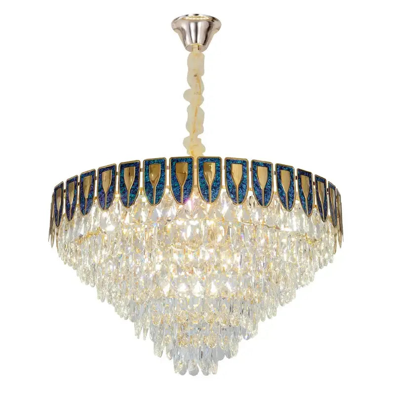 A decorbites crystal chandelier featuring multi-tiered clear crystal droplets and blue gold decorative panels for luxury spaces