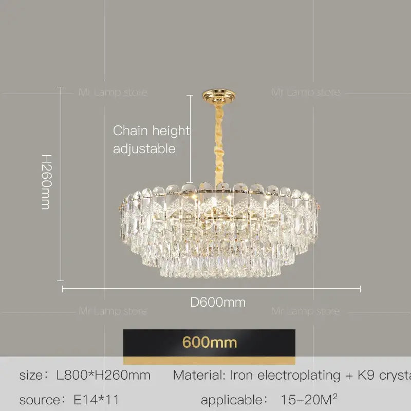 DecorBites crystal chandelier with gold-toned iron electroplated frame and cascading k9 crystals for luxury lighting