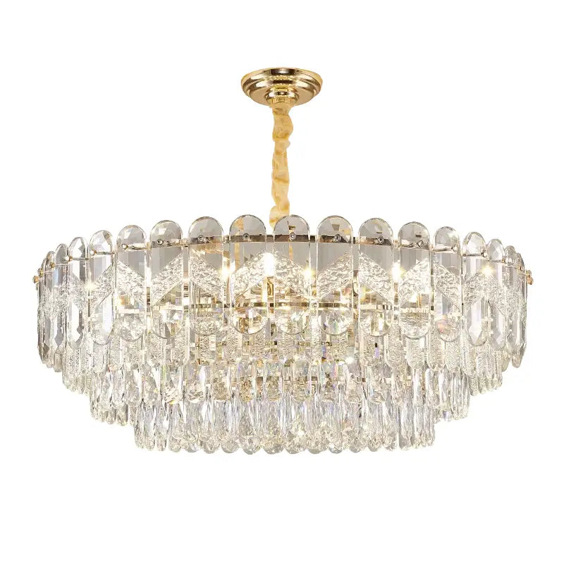 Elegant decorbites crystal chandelier with gold-toned metal frame and clear glass prisms for modern luxury lighting
