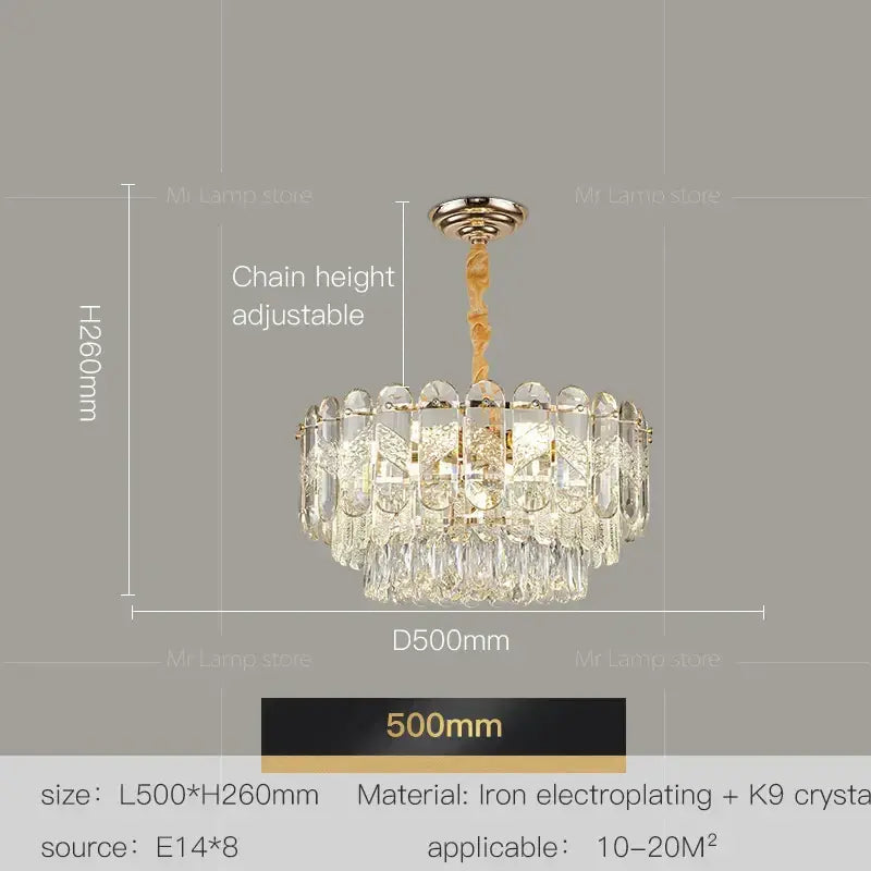 Decorbites crystal chandelier with tiered k9 crystals and gold-toned iron frame featuring adjustable chain height