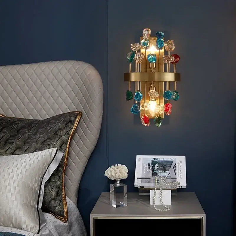 Gold-toned decorbites crystal chandelier lighting fixture with colorful glass beads for dining room and kitchen island