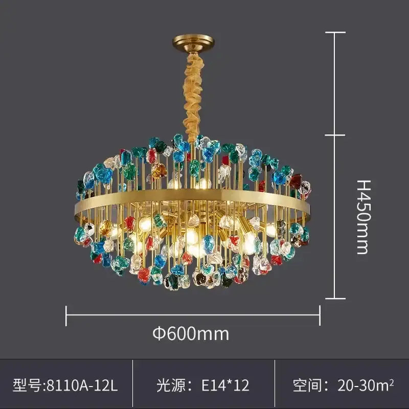 A vibrant decorbites crystal chandelier lighting fixture with golden frame and multicolored beads for dining room use