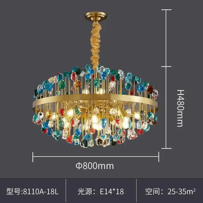 A decorbites crystal chandelier lighting fixture with golden frame and colorful glass beads for dining room and kitchen island