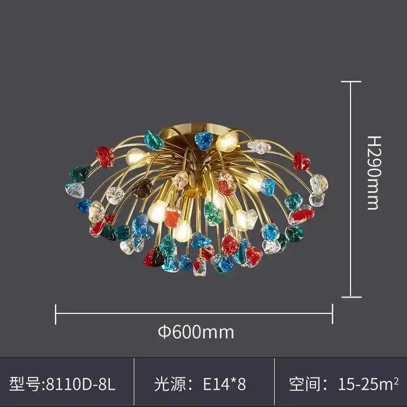 A vibrant multi-colored DecorBites crystal chandelier with golden frame and eight E14 bulbs lighting fixture for dining room