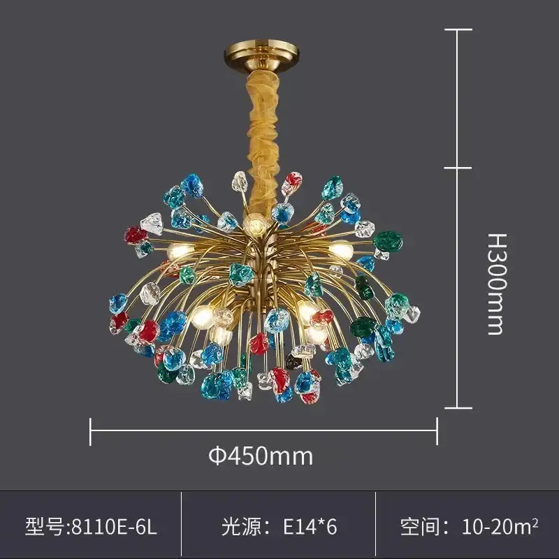 A vibrant gold-toned DecorBites crystal chandelier lighting fixture with colorful glass gemstones for dining room and kitchen island