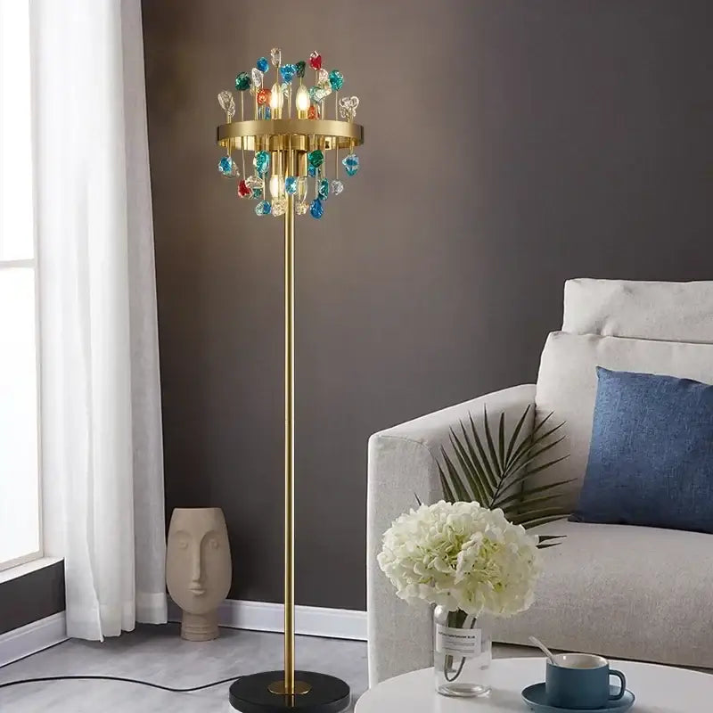 Gold-toned DecorBites crystal chandelier lighting fixture with colorful glass beads for dining room and kitchen island
