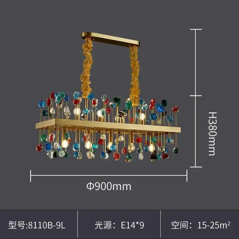 Gold-toned decorbites crystal chandelier lighting fixture with colorful faceted beads for dining room and kitchen island