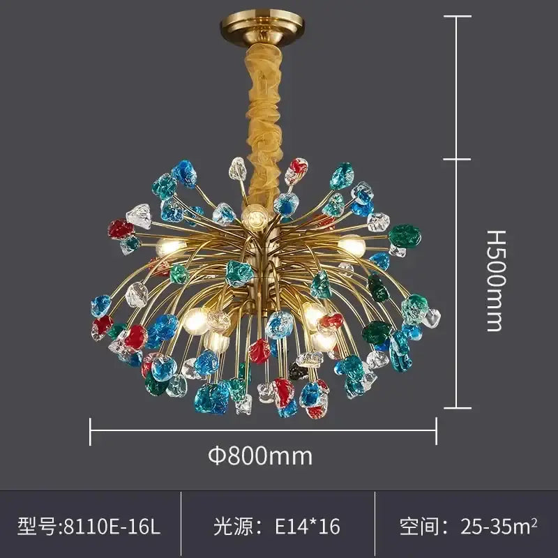 A decorbites crystal chandelier lighting fixture with gold twisted stem and colorful glass crystals for dining room use