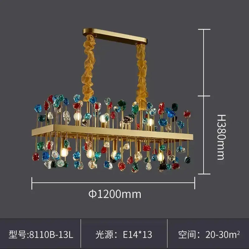 A decorbites crystal chandelier lighting fixture with gold metal frame and colorful glass gemstones for dining room