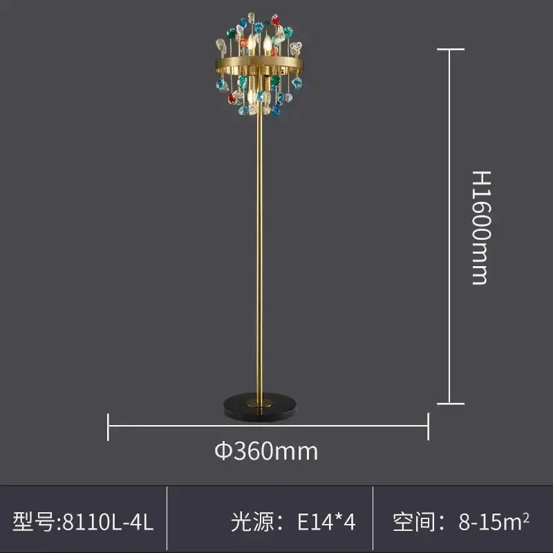 A tall slender gold-finished DecorBites crystal chandelier lighting fixture with colorful beads for dining room use
