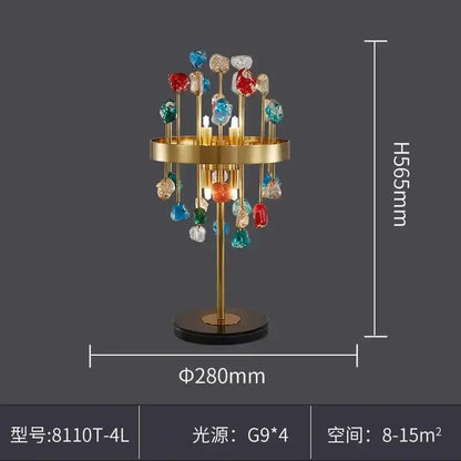 A modern gold-toned lighting fixture with colorful faceted glass ornaments from decorbites crystal chandelier collection