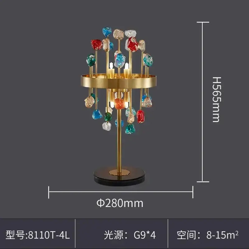 A modern gold-toned lighting fixture with colorful faceted glass ornaments from decorbites crystal chandelier collection