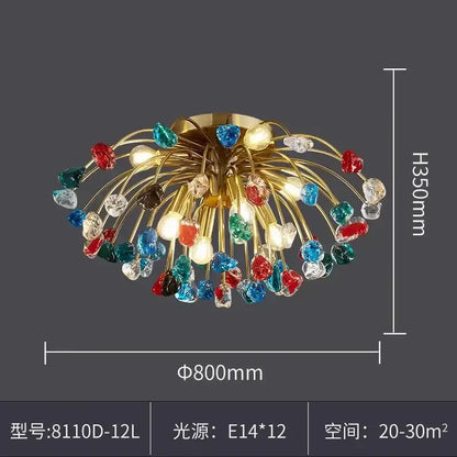A vibrant gold-toned lighting fixture with colorful faceted glass beads by DecorBites crystal chandelier for dining room