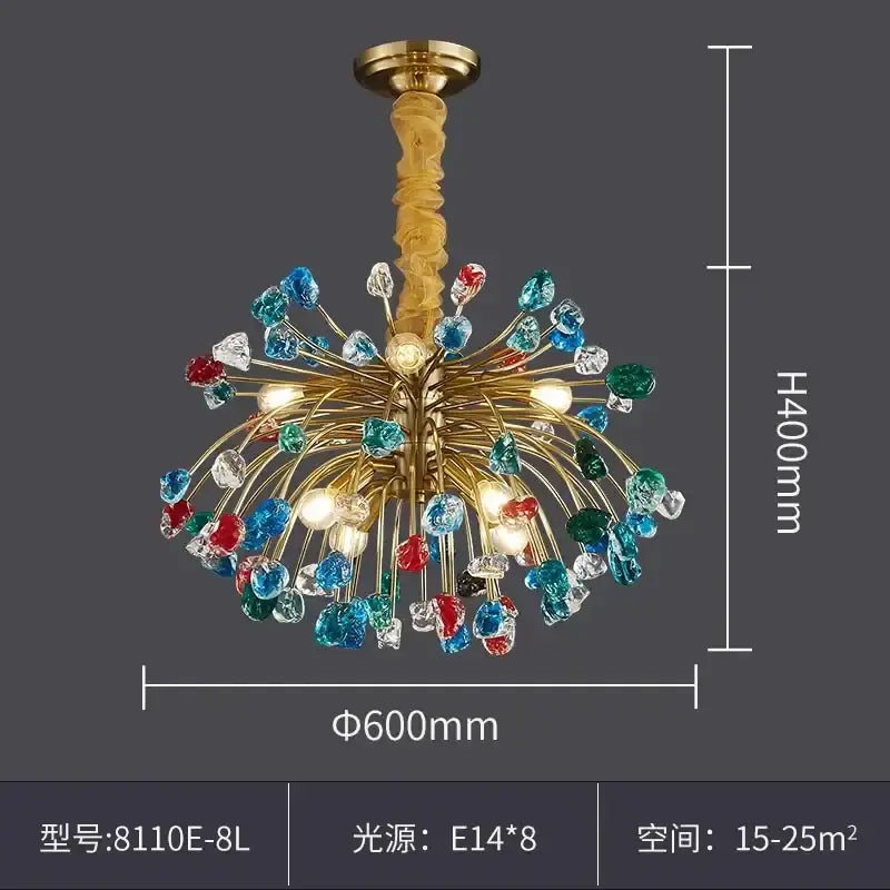 A vibrant gold-toned DecorBites crystal chandelier lighting fixture with colorful glass beads for dining room use