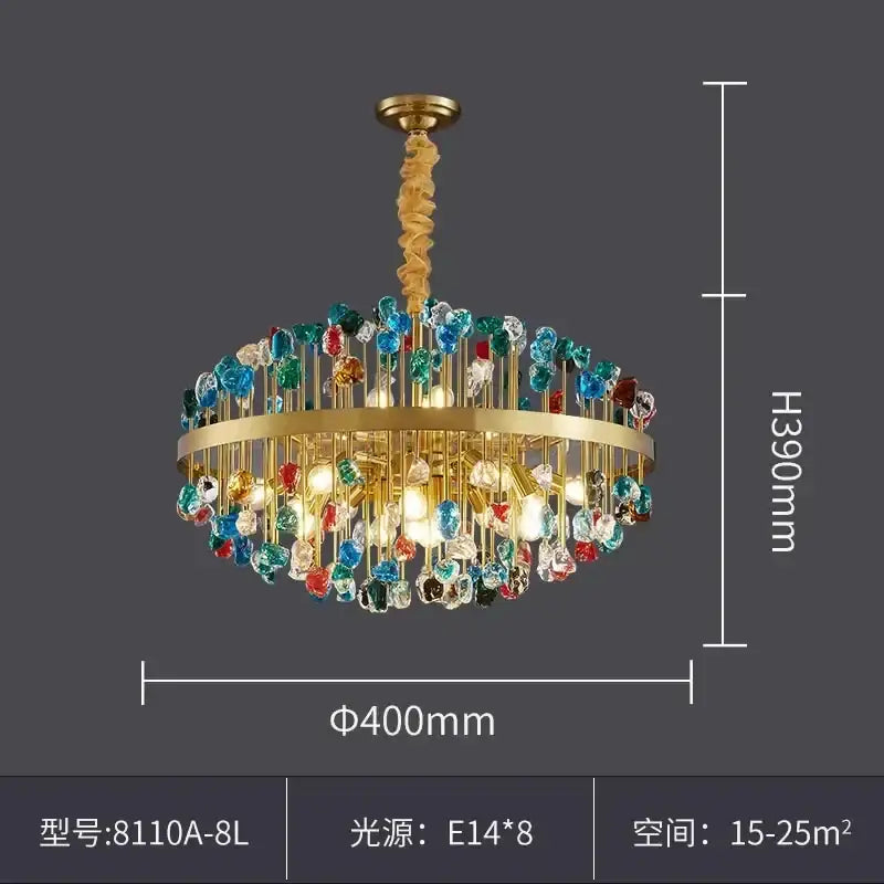 Gold-toned decorbites crystal chandelier lighting fixture with spiral chain and colorful faceted crystals for kitchen island