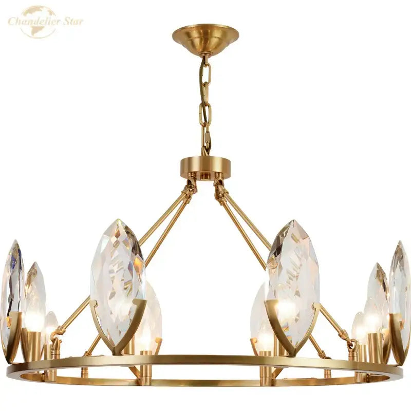 Gold-toned DecorBites crystal chandelier with faceted crystal teardrop shades and circular frame for luxurious living spaces