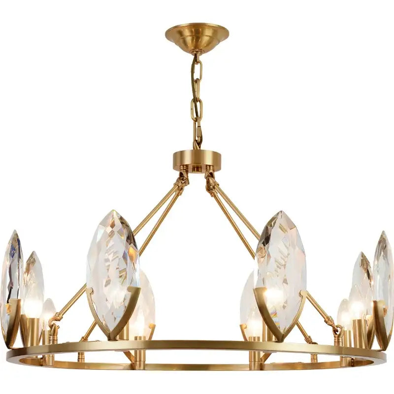 Gold-toned decorbites crystal chandelier with clear faceted crystal accents and circular frame for luxurious living spaces