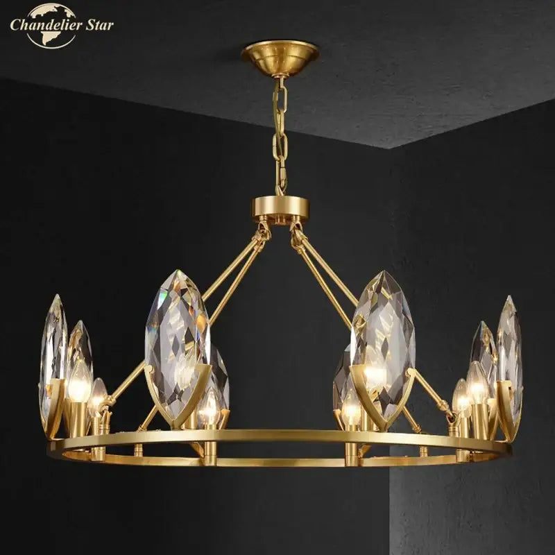 Gold-toned decorbites crystal chandelier with faceted crystal droplets for luxurious living spaces lighting fixture